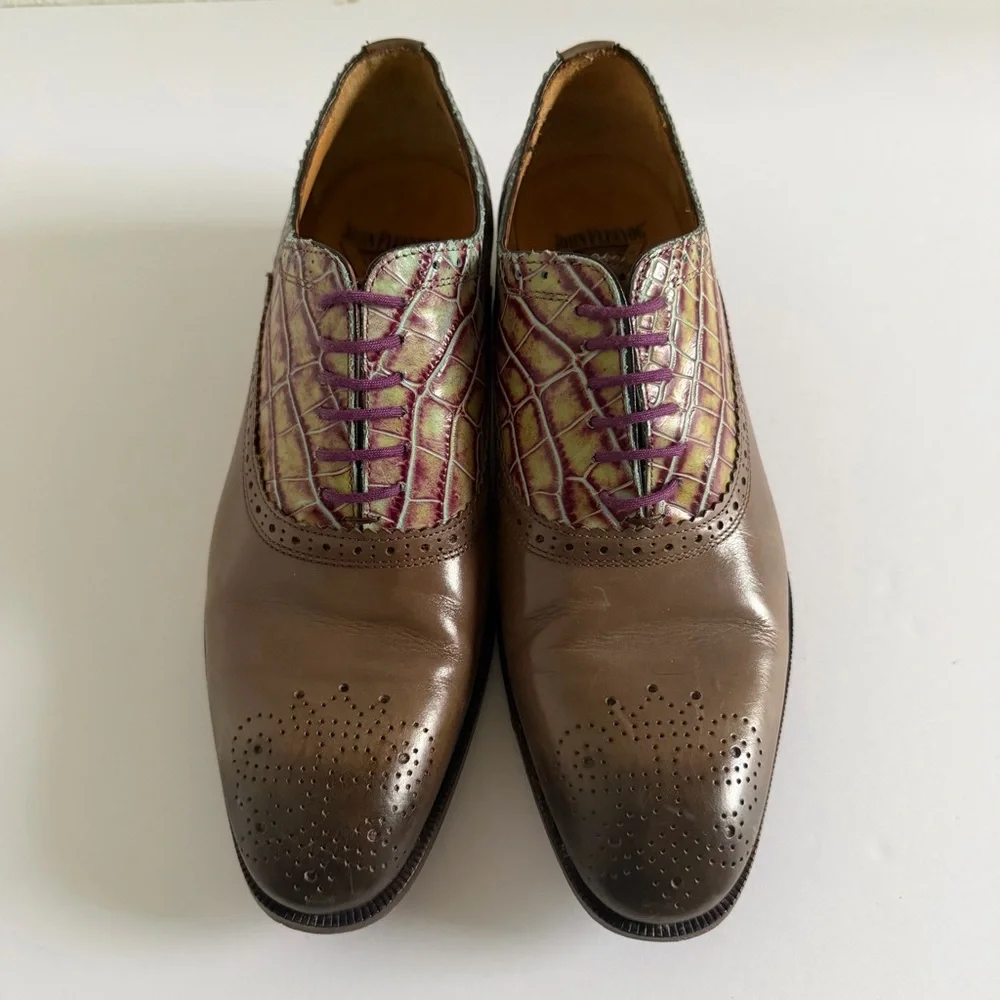 John Fluevog City Angels Damascus Classic Brogued Oxfords Grey Croc Womens US 10